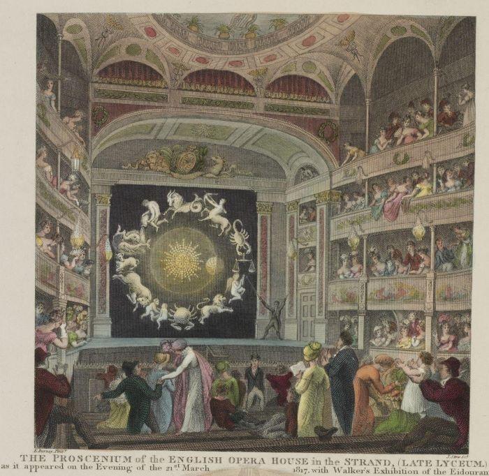 Robert Wilkinson, ‘Proscenium of the English Opera House in the Strand, Late Lyceum. as it appeared on the Evening of the 21st March 1817, with Walker's Exhibition of the Eidouranian. Front Boxes and Gallery’, Accepted by HM Government in lieu of Inheritance Tax and allocated to the Victoria and Albert Museum, 1996, V&A Museum, S.176-1997, 1817.