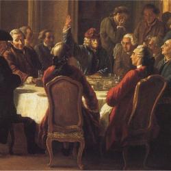 Huber, Jean, "Un dîner de philosophes", Voltaire Fondation, 1772,  Wikipedia, https://commons.wikimedia.org/wiki/File:Un_d%C3%AEner_de_philosophes.Jean_Huber.jpg.