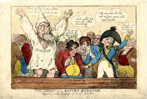Thomas Rowlandson, ‘The ghost of a rotten borough, appearing on the hustings of Covent Garden’, The British Museum, 1948,0214.708, 1807.