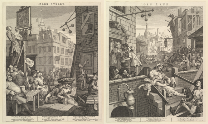 William Hogarth, ‘Gin Lane and Beer Street’, Royal Academy of Arts, 12/457 & 12/456, 1751.