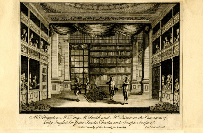 ‘Scene from “School for Scandal” being performed in Drury Lane Theatre, London; four actors on stage, the audience watching from boxes on either side’, 1778, © The Trustees of the British Museum, 1837,0513.11., Ee,4.80.
