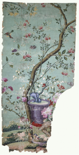‘Panel of Chinese wallpaper, with a green background on which is painted a purple pot in the foreground’, © Victoria and Albert Museum, London, E.3882-1915, 1775-1825.
